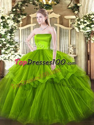 Olive Green Sleeveless Tulle Brush Train Zipper Quinceanera Dress for Military Ball and Sweet 16 and Quinceanera