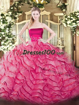 Modest Hot Pink Tulle Zipper Strapless Sleeveless Quinceanera Dress Brush Train Ruffled Layers