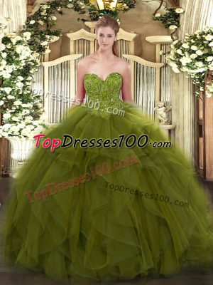 Floor Length Olive Green Ball Gown Prom Dress Tulle Sleeveless Beading