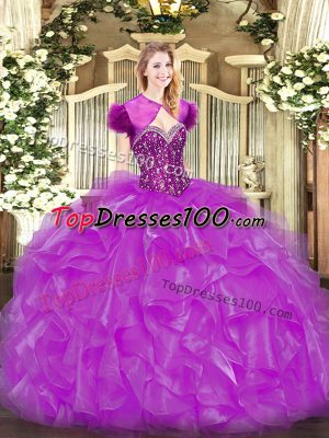 Inexpensive Fuchsia Lace Up Sweetheart Beading and Ruffles 15 Quinceanera Dress Organza Sleeveless