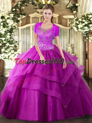 Fine Fuchsia 15 Quinceanera Dress Military Ball and Sweet 16 and Quinceanera with Beading and Ruffles Scoop Sleeveless Clasp Handle