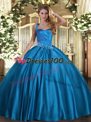 Customized Sleeveless Satin Floor Length Lace Up Quinceanera Dresses in Blue with Ruching
