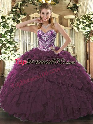 Unique Floor Length Ball Gowns Sleeveless Burgundy Quinceanera Gowns Lace Up