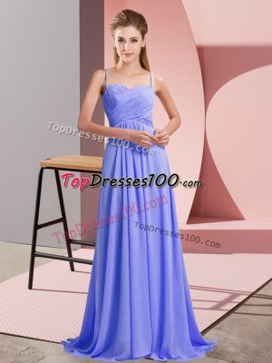 Spaghetti Straps Sleeveless Prom Party Dress Sweep Train Ruching Lavender Chiffon