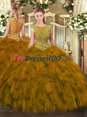 Charming Brown Organza Zipper Scoop Sleeveless Floor Length Quinceanera Gown Beading and Ruffles