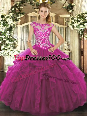 Sleeveless Organza Floor Length Lace Up Sweet 16 Quinceanera Dress in Fuchsia with Beading and Ruffles