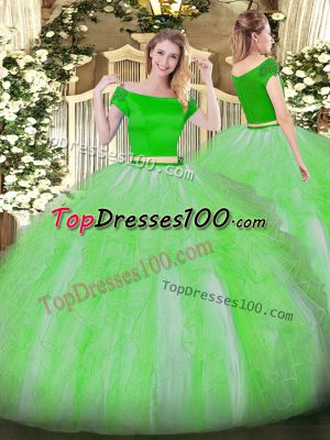 Green Short Sleeves Tulle Zipper Quinceanera Gown for Military Ball and Sweet 16 and Quinceanera