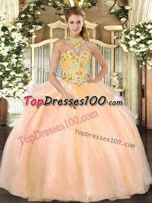 Peach 15th Birthday Dress Military Ball and Sweet 16 and Quinceanera with Embroidery Halter Top Sleeveless Lace Up