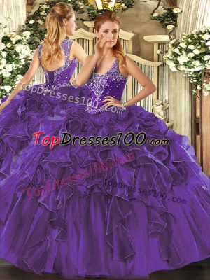 Fashionable Floor Length Lace Up Sweet 16 Dresses Purple for Military Ball and Sweet 16 and Quinceanera with Beading and Ruffles