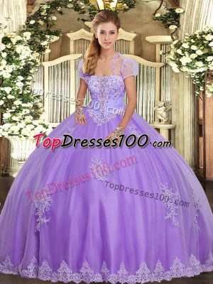 Strapless Sleeveless Lace Up 15th Birthday Dress Lavender Tulle