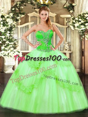Tulle Lace Up Sweetheart Sleeveless Floor Length 15th Birthday Dress Beading and Ruffles