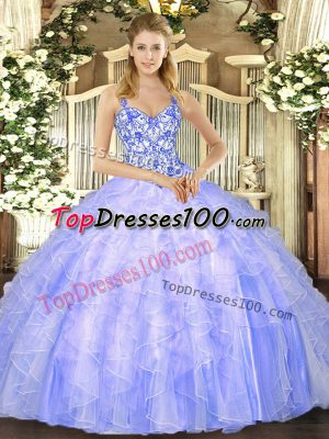 Lavender Lace Up Straps Beading and Ruffles Quinceanera Gowns Organza Sleeveless