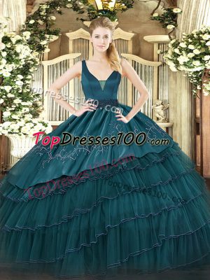 Exceptional Teal Ball Gowns Straps Sleeveless Organza and Taffeta Floor Length Zipper Beading and Embroidery and Ruffled Layers Quinceanera Dresses