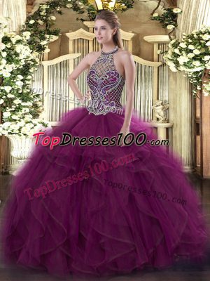 Fuchsia Sleeveless Beading Floor Length Quinceanera Dresses