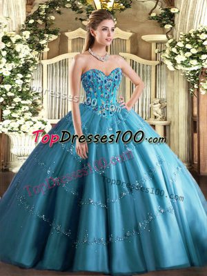 Teal Tulle Lace Up Quince Ball Gowns Sleeveless Floor Length Appliques and Embroidery