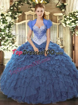 Perfect Navy Blue Sweetheart Lace Up Beading and Ruffles 15 Quinceanera Dress Sleeveless
