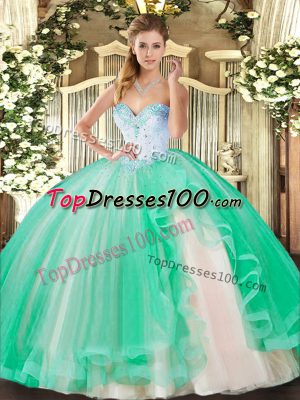 Beading and Ruffles Quinceanera Gown Turquoise Lace Up Sleeveless Floor Length