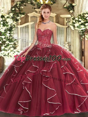 Clearance Floor Length Burgundy Quinceanera Gowns Tulle Sleeveless Beading and Ruffles