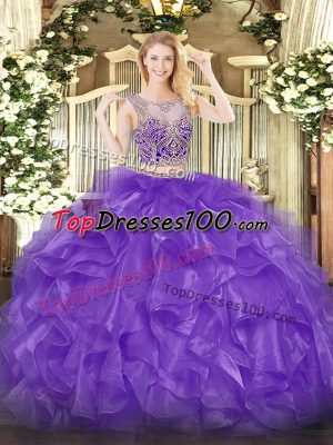 Eggplant Purple Lace Up Scoop Beading and Ruffles Sweet 16 Dresses Organza Sleeveless