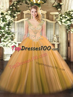 Modern Tulle V-neck Sleeveless Lace Up Beading 15th Birthday Dress in Gold