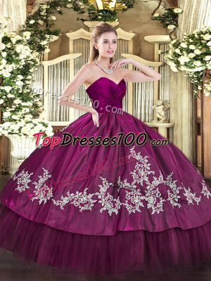 Traditional Sweetheart Sleeveless Quinceanera Gowns Floor Length Embroidery Fuchsia Organza and Taffeta