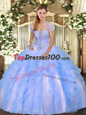 Edgy Baby Blue Tulle Lace Up Quinceanera Dresses Sleeveless Floor Length Appliques and Ruffles