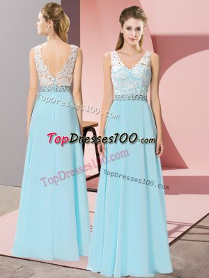 Ideal Floor Length Aqua Blue Prom Dresses Chiffon Sleeveless Beading