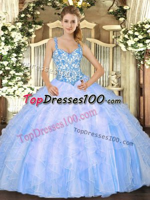 Floor Length Ball Gowns Sleeveless Baby Blue Sweet 16 Dresses Lace Up