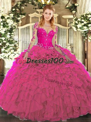 Superior Fuchsia Sweet 16 Quinceanera Dress Military Ball and Sweet 16 and Quinceanera with Lace and Ruffles Scoop Long Sleeves Lace Up