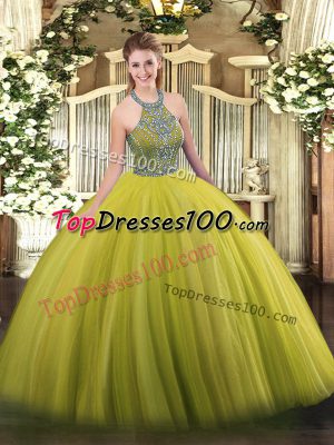 Olive Green Halter Top Neckline Beading 15 Quinceanera Dress Sleeveless Lace Up