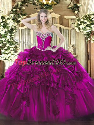 Fuchsia Sweetheart Neckline Beading and Ruffles Sweet 16 Dresses Sleeveless Lace Up