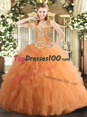 Designer Orange Sweetheart Lace Up Beading and Ruffles Ball Gown Prom Dress Sleeveless