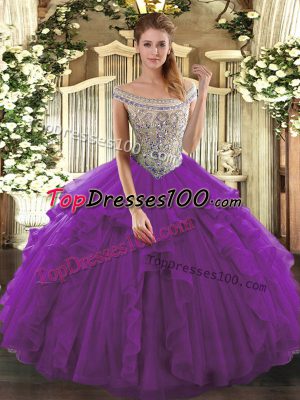 Eggplant Purple Off The Shoulder Neckline Beading and Ruffles Quince Ball Gowns Sleeveless Lace Up