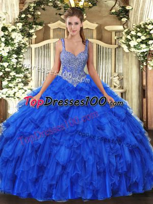 Beading and Ruffles 15 Quinceanera Dress Royal Blue Lace Up Sleeveless Floor Length