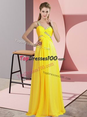 Cute Yellow One Shoulder Lace Up Beading Evening Dress Sleeveless