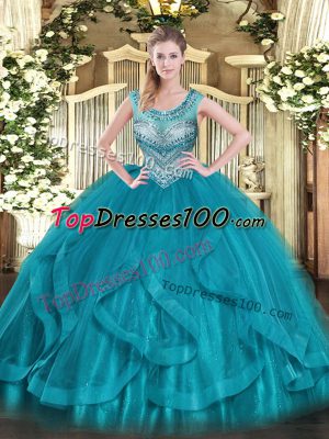 Floor Length Teal Quinceanera Gown Scoop Sleeveless Lace Up