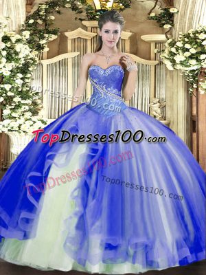 Edgy Blue Sweetheart Neckline Beading and Ruffles Vestidos de Quinceanera Sleeveless Lace Up