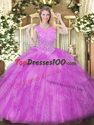 Attractive Lilac Ball Gowns Scoop Sleeveless Tulle Floor Length Zipper Beading and Ruffles Sweet 16 Quinceanera Dress