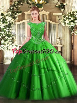 Green Sleeveless Floor Length Beading and Appliques Zipper Sweet 16 Quinceanera Dress