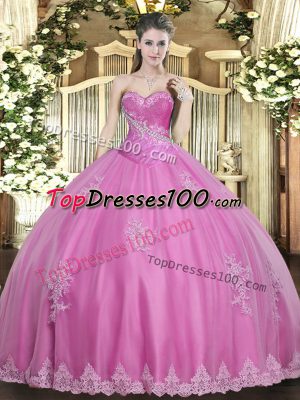 Adorable Rose Pink Lace Up Sweetheart Beading and Appliques 15th Birthday Dress Tulle Sleeveless