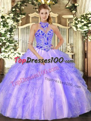 Beautiful Floor Length Lace Up Quinceanera Dress Lavender for Military Ball and Sweet 16 and Quinceanera with Embroidery and Ruffles