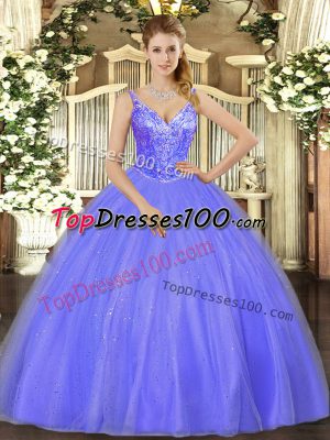 Floor Length Lavender 15th Birthday Dress Tulle Sleeveless Beading