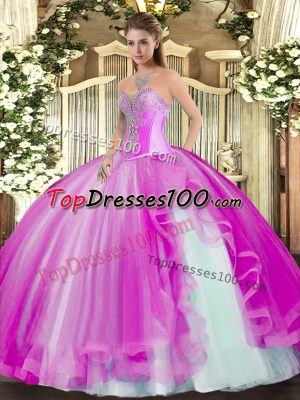 Popular Sleeveless Floor Length Beading and Ruffles Lace Up Quinceanera Dress with Fuchsia