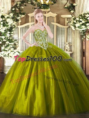 Great Olive Green Ball Gowns Sweetheart Sleeveless Tulle Floor Length Lace Up Beading 15 Quinceanera Dress