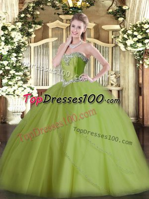 Edgy Olive Green Ball Gowns Beading Quinceanera Dresses Lace Up Tulle Sleeveless