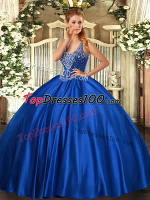 Pretty Beading Quinceanera Gown Royal Blue Lace Up Sleeveless Floor Length