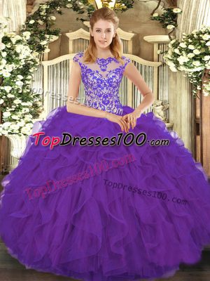 Eggplant Purple Organza Lace Up Scoop Cap Sleeves Floor Length Sweet 16 Dresses Beading and Ruffles