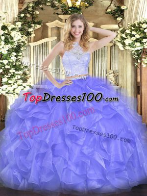 Edgy Floor Length Zipper Sweet 16 Quinceanera Dress Lavender for Military Ball and Sweet 16 and Quinceanera with Lace and Ruffles
