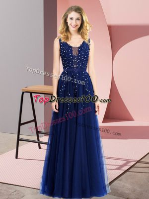 Most Popular Royal Blue Tulle Backless Sleeveless Floor Length Beading and Appliques