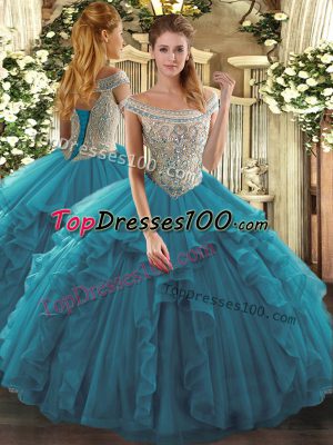 Custom Made Off The Shoulder Sleeveless Sweet 16 Dresses Floor Length Beading and Ruffles Teal Tulle